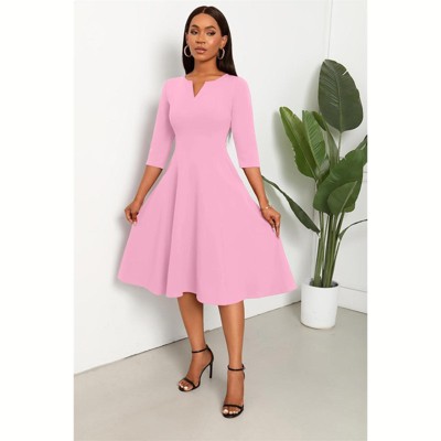 Clotth Women's Midi Dress - 3/4 Sleeve V Neck, A-Line Fit and Flare, Cocktail Wedding Guest Work Dress with Pockets