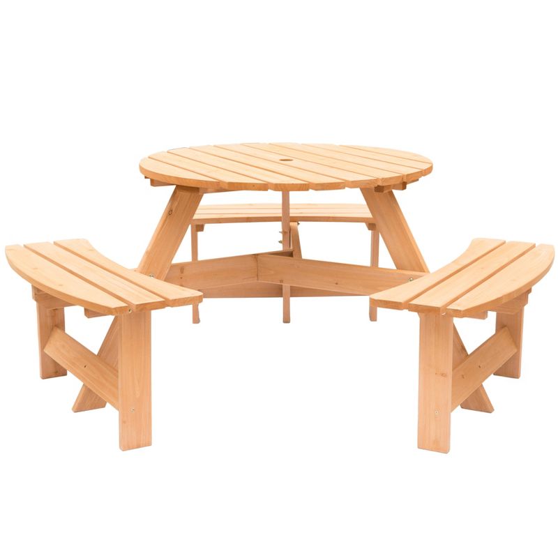 GardenisedWooden Outdoor Round Picnic Table with Bench for Patio, 6- Person with Umbrella Hole, 1 of 14