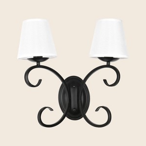 PAKOKULA Matte Black Farmhouse Double Wall Sconce with White FabricShade - 1 of 4