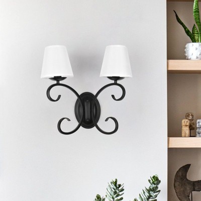 PAKOKULA Matte Black Farmhouse Double Wall Sconce with White FabricShade