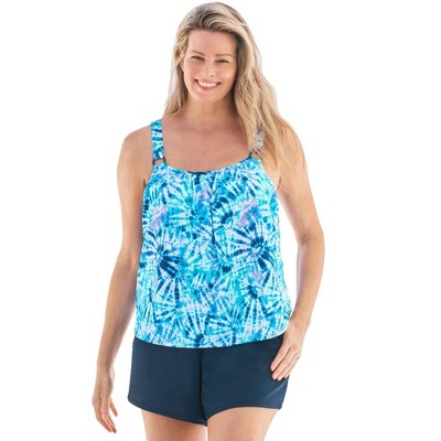 Swim 365 Women's Plus Size Tank Overlay Swim Romper, 22 - Blue Tie