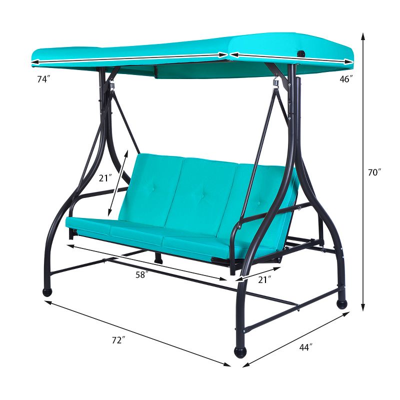 Tangkula 3 Person Porch Swing Hammock Bench Chair Outdoor with Canopy Turquoise/Beige/ Black/Brown/Wine Red, 3 of 6