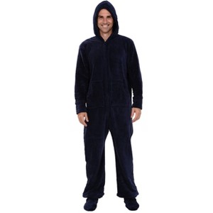 ADR Men's Plush Fleece One Piece Hooded Footed Zipper Pajamas Set, Soft Adult Onesie Footie with Hood - 1 of 4