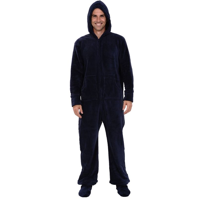 ADR Men's Plush Fleece One Piece Hooded Footed Zipper Pajamas Set, Soft Adult Onesie Footie with Hood, 1 of 10