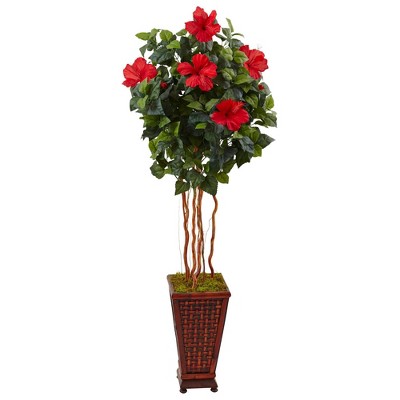 5ft Artificial Hibiscus Tree in Decorated Wooden Planter - Nearly Natural