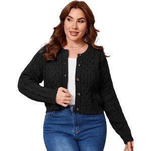 Women's Plus Size Cable Knit Cardigan Button Front Crew Neck Cropped Casual Sweater - 1 of 4