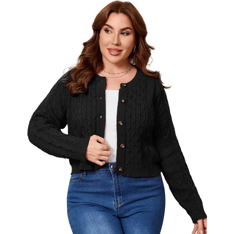 Women's Plus Size Cable Knit Cardigan Button Front Crew Neck Cropped Casual Sweater Black 1XL