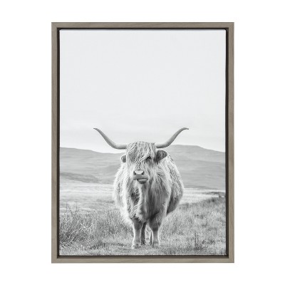 Quadro Su Tela Kate And Laurel – Ritratto Di Mucca Highland In Bianco E Nero, 28x38, Grigio