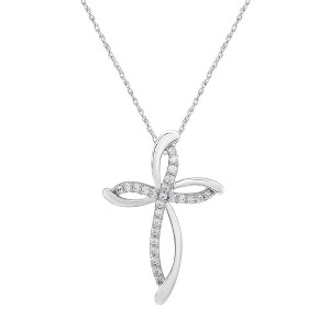 GILDED 1/4 Carat Total Weight Natural Round-Cut Diamonds Swirl Cross Pendant-Necklace in 10KT White Gold or 925 Sterling Silver, 18" Chain - 1 of 4