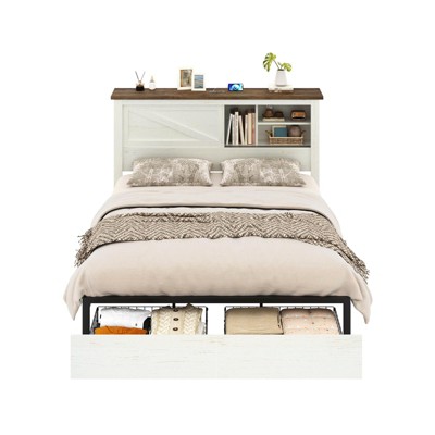 AMERLIFE 47.2" H Bed Frame with Bookcase Headboard, Charging Station, 2 Drawers