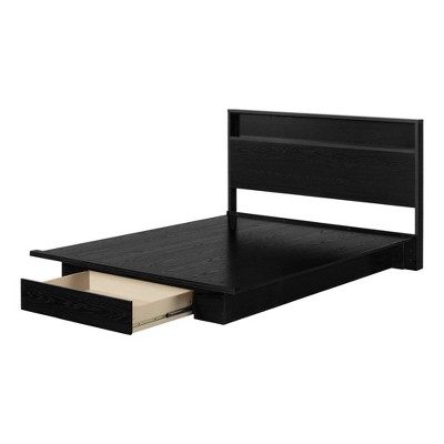 Black Oak Queen Platform Bed with Upholstered Headboard and Drawer