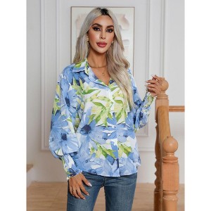 Coolmee Women's Floral Print Blouse Long Sleeve Button Down Shirts Casual Dressy Blouse Shirts Tops - 1 of 4