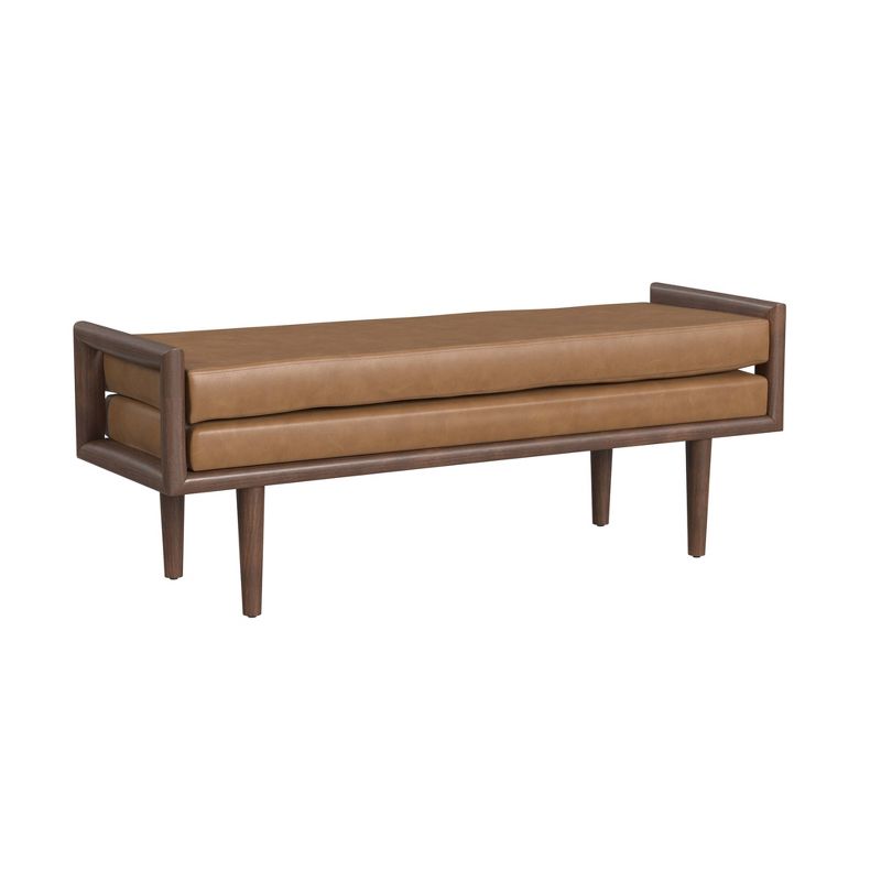 Wood Bench with Upholstered Seat Faux Leather Caramel - HomePop, 3 of 11