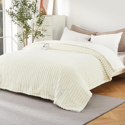 Electric Blanket 84"x90", Cozy Faux Rabbit Fur Heated Blanket with 4 Heating Levels & 4 Hours Auto Off, Over-Heat Protection, Beige