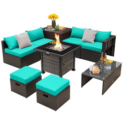 Tangkula 9 Pieces Furniture Set w/ 50,000 BTU Propane Fire Pit Table Patio Turquoise