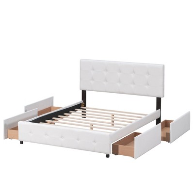 Upholstered Queen Size Platform Bed With Classic Headboard And 4 Drawers White-modernluxe : Target