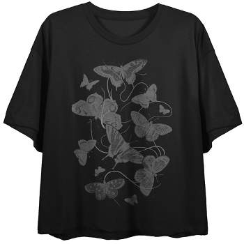 Women\'s Crew : Distressed Butterfly Metal Target Crop Sleeve Short T-shirt Neck Black