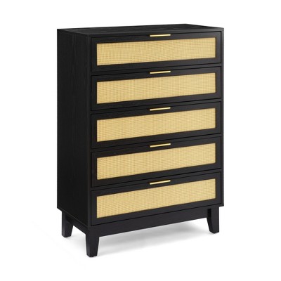 VYNXARIA Bedroom 5 drawer dresser, rattan dresser modern wooden chest of drawers with spacious storage space for bedroom hallway living room