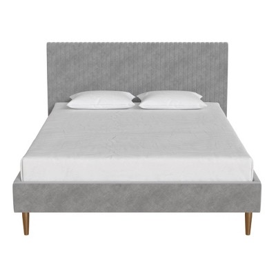 Daphne Light Gray Velvet Upholstered Bed with Brass Toned Legs