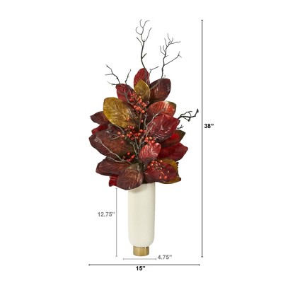 Autumn Elegance 42" Silk Magnolia & Berries in Cream & Gold Planter