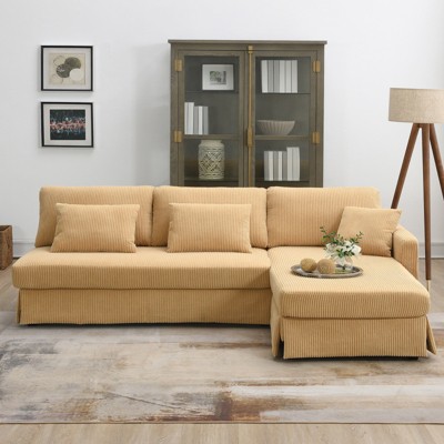 FONTOI Sectional Sofas, L-shaped Sofa with Pleated Skirt, Convertible Sleeper Couch with Pillows for Living Room Apartment, Yellow, 87"*33"*61"