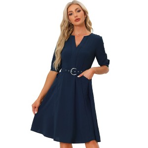 Allegra K Women's V Neck 3/4 Sleeve Belted Elegant Dresses with Pockets - 1 of 4