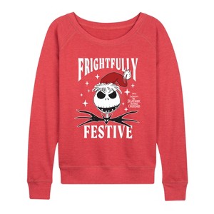 Women's - Disney - Frightfully Festive Lightweight French Terry Wide Neck Long Sleeve Graphic Shirt - 1 of 3