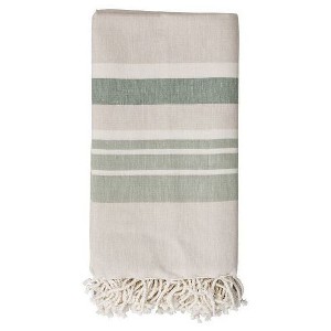 Cotton Throw Blanket - Beige with Green Stripes - 3R Studios, Beige Green