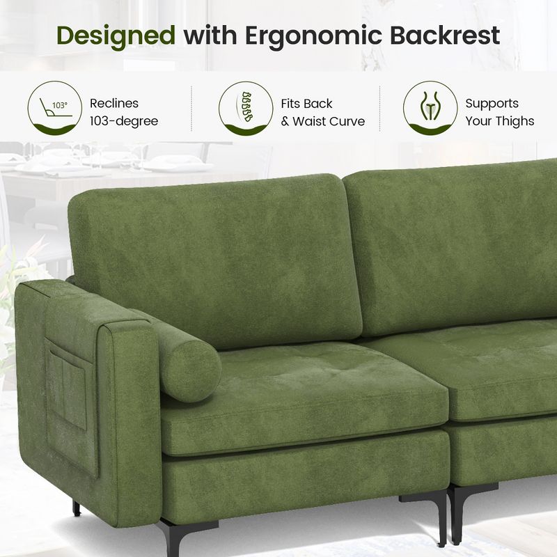 Costway Modern Modular 3-Seat Sofa Couch w/ Side Storage Pocket & Metal Legs Army Green, 5 of 11