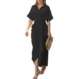 Women's Ruched Button Down Shirt Dresses Flowy Casual Tie Waist Short Sleeve Maxi Shirt Dress Black S