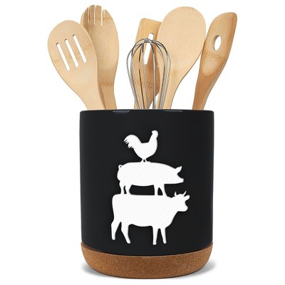 Elanze Designs Cow Pig Chicken Black X-Large Cork Bottom Kitchen Utensil Holder