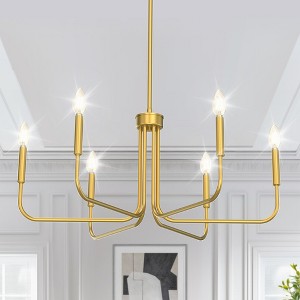 YANSUN 28 in. Gold 6-Light Farmhouse Rustic Candle Ceiling Chandelier, Adjustable Height for Dining Room Living Room and Foyer - 1 of 1