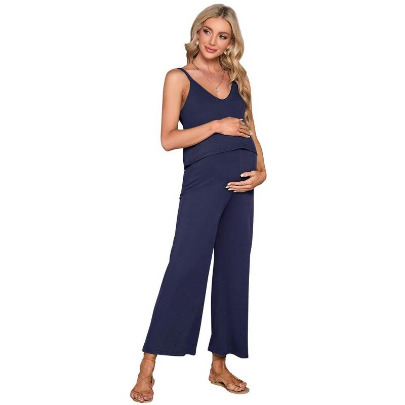 Women's Maternity Jumpsuit Sleeveless V Neck Ribbed Adjustable Strap Layered Front Wide Leg Overall Rompers, 1 of 7
