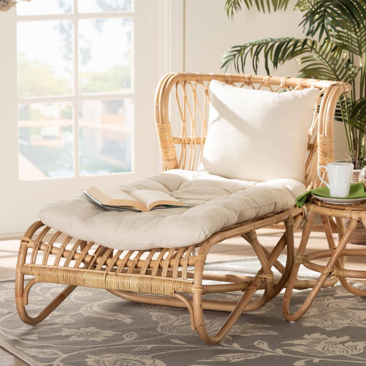 bali & pari Delara Rattan Chaise White/Natural Brown: Upholstered Polyester, No Assembly Required - thumbnail 3
