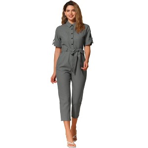 INSPIRE CHIC Women's Short Sleeve Collared Solid Color Button Down Tie Waist Cargo Jumpsuit - 1 of 4