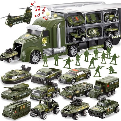 Syncfun 25 in 1 Die Cast Military Army Play Vehicle Set Vehicles with Sounds and Lights in Carrier Truck Push and Go Car Toy Kids Birthday Gifts
