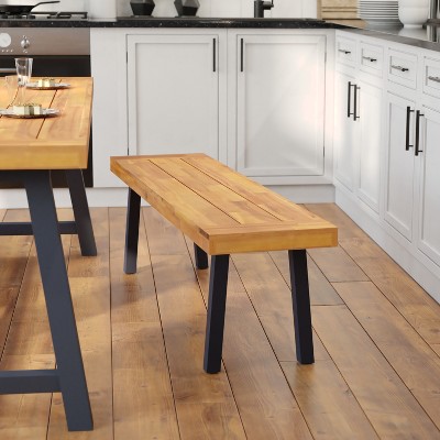 Rustic Natural Acacia Wood Bench with Black Legs