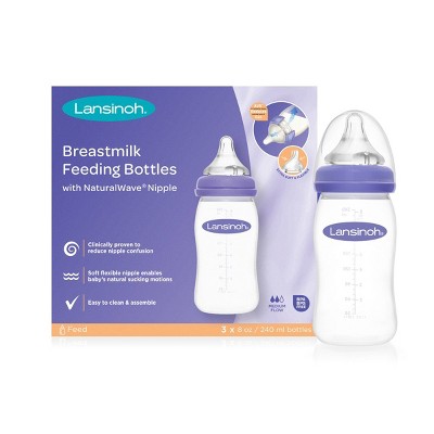 Lansinoh Baby Bottles for Breastfeeding Babies with 3 Medium Flow Nipples  - 8oz/3ct