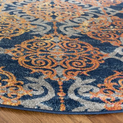 Reversible Blue and Orange Synthetic Round Area Rug