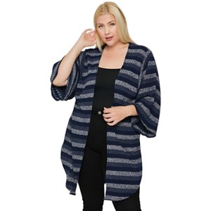 Slickblue Plus Size Multi-Color Striped Cardigan, Long Body with Side Slits and Wide Sleeves, Navy, Size 1XL-3XL - 1 of 4