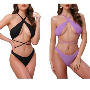 INSPIRE CHIC Women's Criss Cross Backless Ribbed Strappy Top Triangle Bottom Swimwear Bikini Suits 2 Sets - 1 of 4
