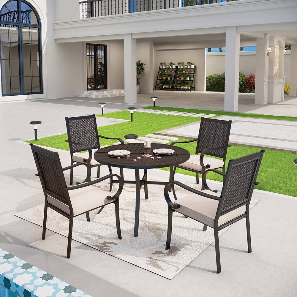 Photos - Dining Table 5pc Outdoor Dining Set: Wicker Chairs, Cushions, Metal Table, Umbrella Hol