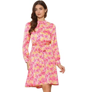 Allegra K Women's Mock Neck Swing Midi Long Sleeve A-line Floral Dress - 1 of 4