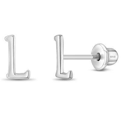 Girls' Polished Initial Letter Initial Screw Back Sterling Silver Earrings - In Season Jewelry
