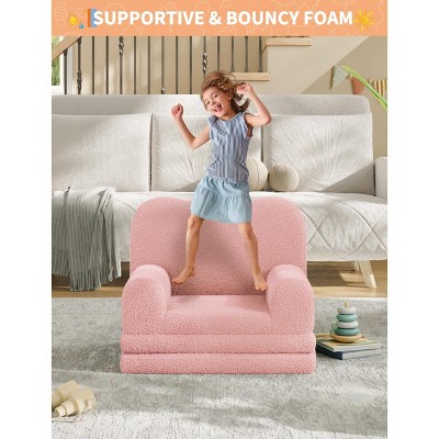 Kids Couch, 2-in-1 Convertible Teddy Fleece Fabric Toddler Sofa Chair, Soft Fold Out Couch Lounge for Kids for Birthday Gift