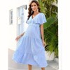 Coolmee Women Maternity Dress Deep V-neck Ruffled Short Sleeve Smocked Ruffle Tiered Flowing Pleated Midi Dress Photoshoot Baby Shower - 3 of 4