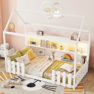 SeaCamel All-in-One Twin House Bed: Complete with LED Light, Bookshelf Storage & Safety Guardrails in Natural Wood - 1 of 4