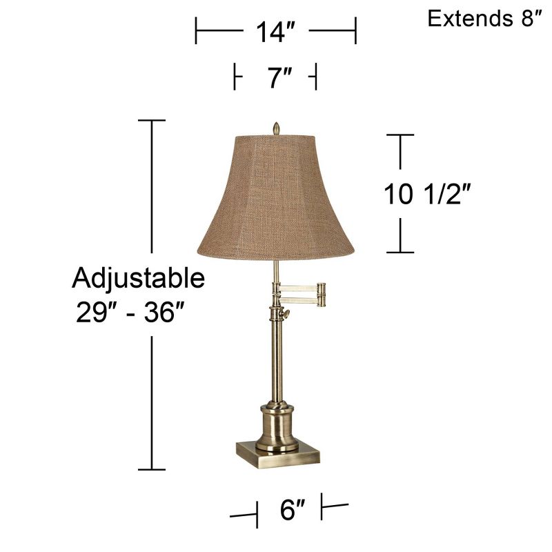 360 Lighting Traditional Swing Arm Desk Table Lamp Adjustable Height 36" Tall Antique Brass Natural Burlap Bell Shade Living Room Bedroom, 3 of 4