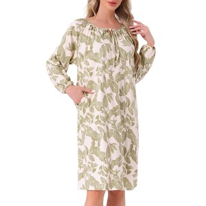 INSPIRE CHIC Womens Nightgown Floral Long Sleeve Pleated Raglan Sleeve Elastic Cuff Midi with Pocket Sleepwear Nightdress - 1 of 4