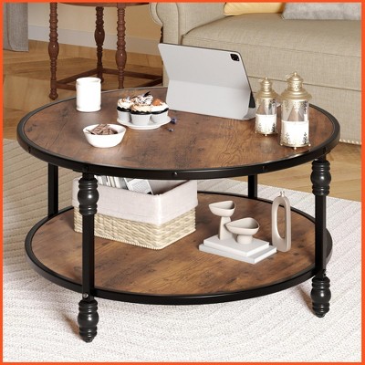 Homhougo Round Coffee Table, 30.5" Wood Circle Coffee Table with Sturdy Metal Roman Pillar Legs, 2 Tier Coffee Table with Open Storage